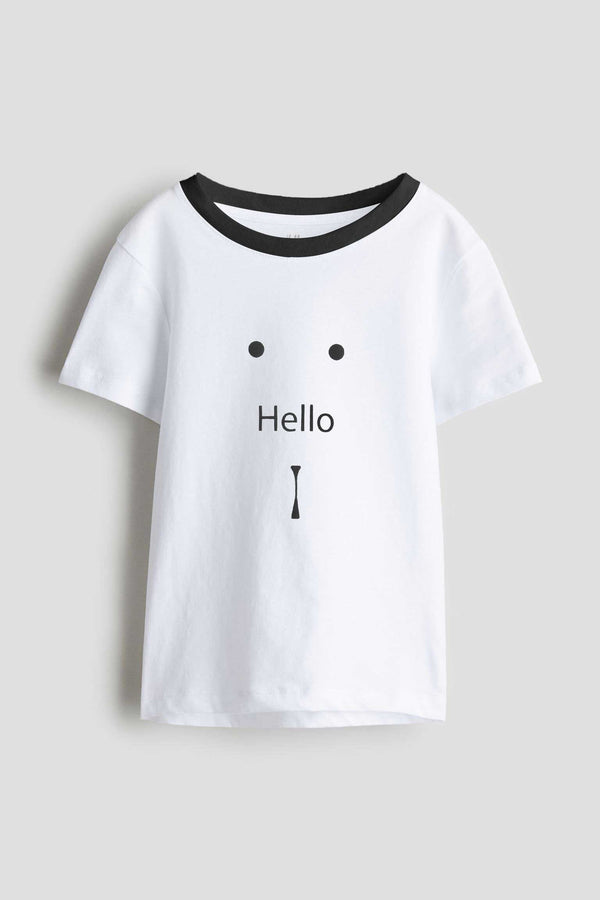Elo Polo Republica Kid's Hello Printed Contrast Neck Tee Shirt White & Black
