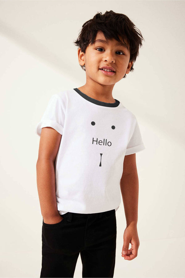 elo Polo Republica Kid's Hello Printed Contrast Neck Tee Shirt White & Black
