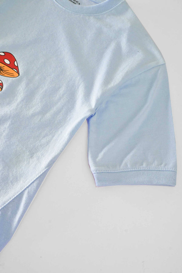 Elo Polo Republica Kid's Mushroom Printed Loose Fit Quarter Sleeves Tee Shirt Off White