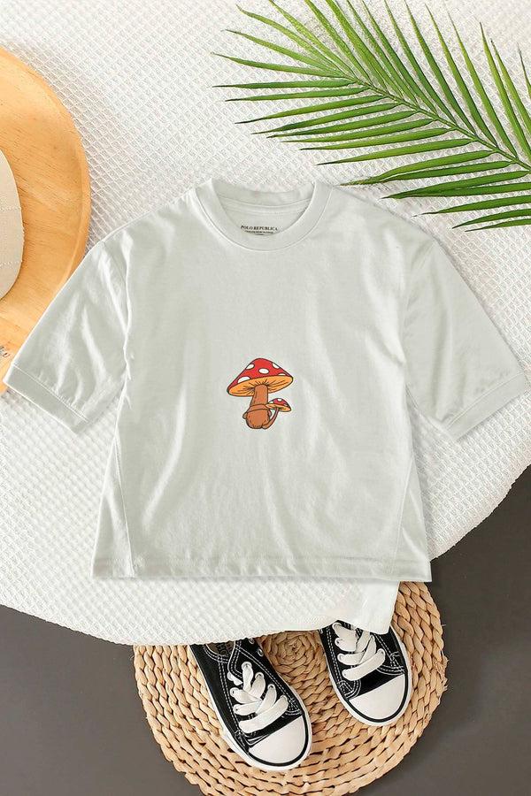 elo Polo Republica Kid's Mushroom Printed Loose Fit Quarter Sleeves Tee Shirt Off White