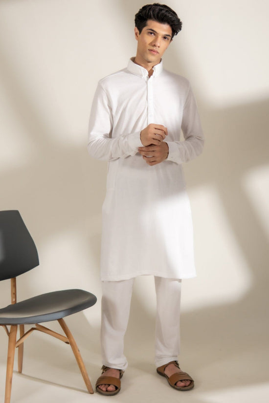 elo Polo Republica Knitted Pique Kurta with Button-Down Collars White