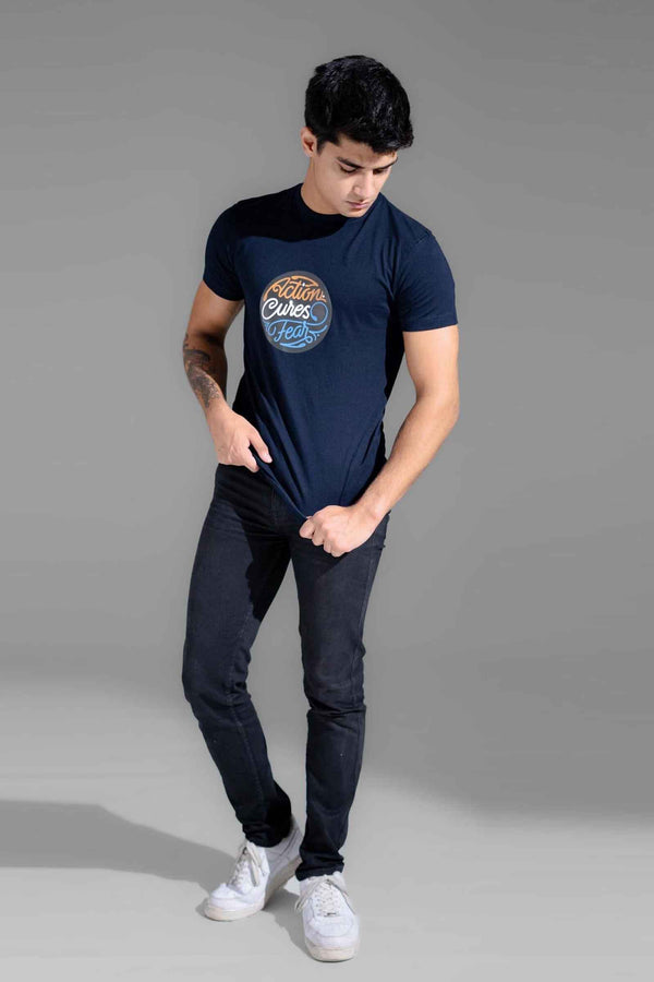 Elo Polo Republica Men's Action Cures Fear Printed Crew Neck Tee Shirt Navy