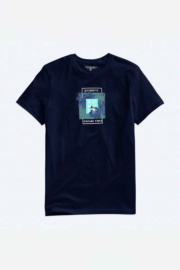 Elo Polo Republica Men's Authentic Summer Printed Crew Neck Tee Shirt Navy