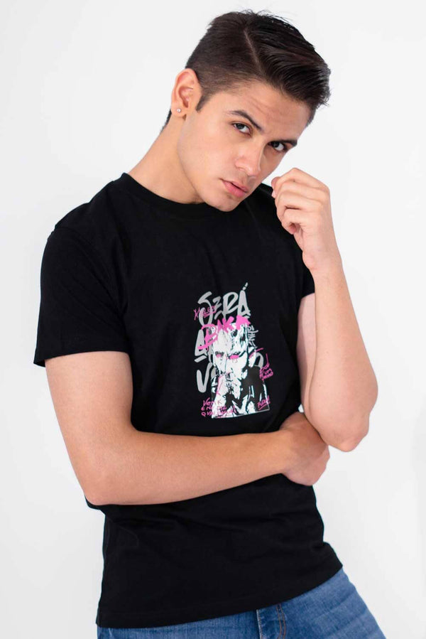 elo Polo Republica Men's Baka Printed Crew Neck Tee Shirt Black