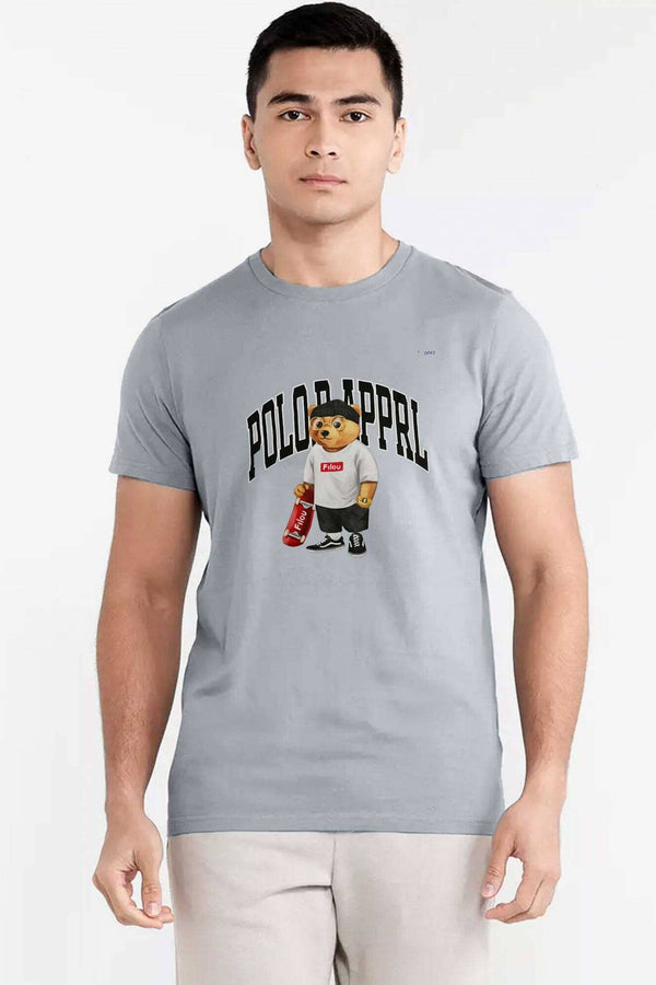 elo Polo Republica Men's Bear Printed Crew Neck Tee Shirt Grey