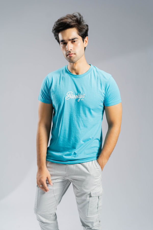 Elo Polo Republica Men's Brooklyn NY Embroidered Crew Neck Tee Shirt Aqua Blue