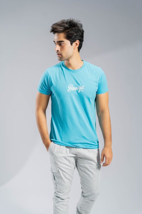 Elo Polo Republica Men's Brooklyn NY Embroidered Crew Neck Tee Shirt Aqua Blue