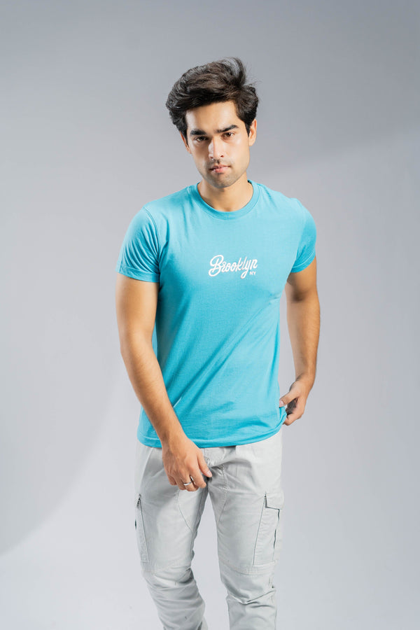 elo Polo Republica Men's Brooklyn NY Embroidered Crew Neck Tee Shirt Aqua Blue