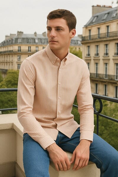 elo Polo Republica Men's Button Down Striped Casual Shirt Light Orange