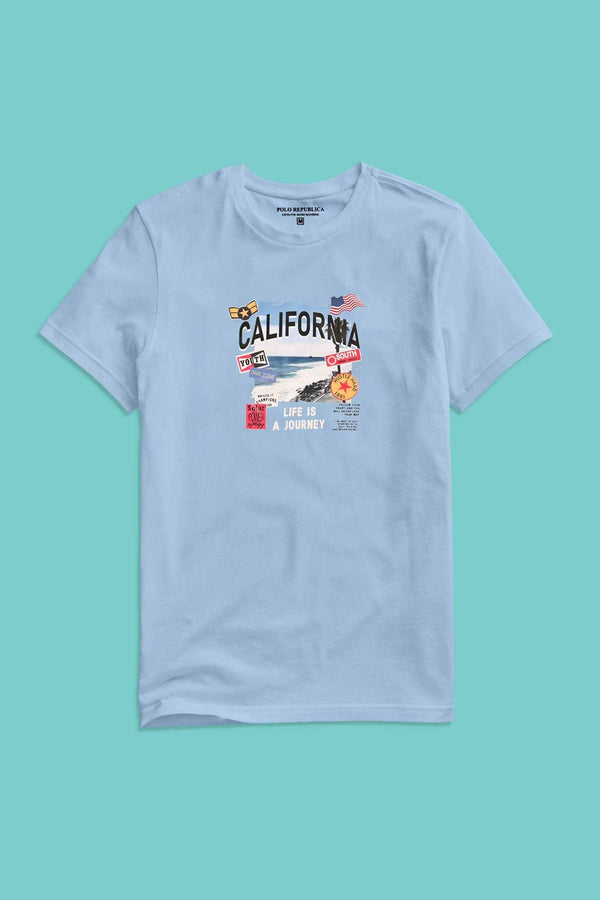 Elo Polo Republica Men's California Printed Crew Neck Tee Shirt Light Sky