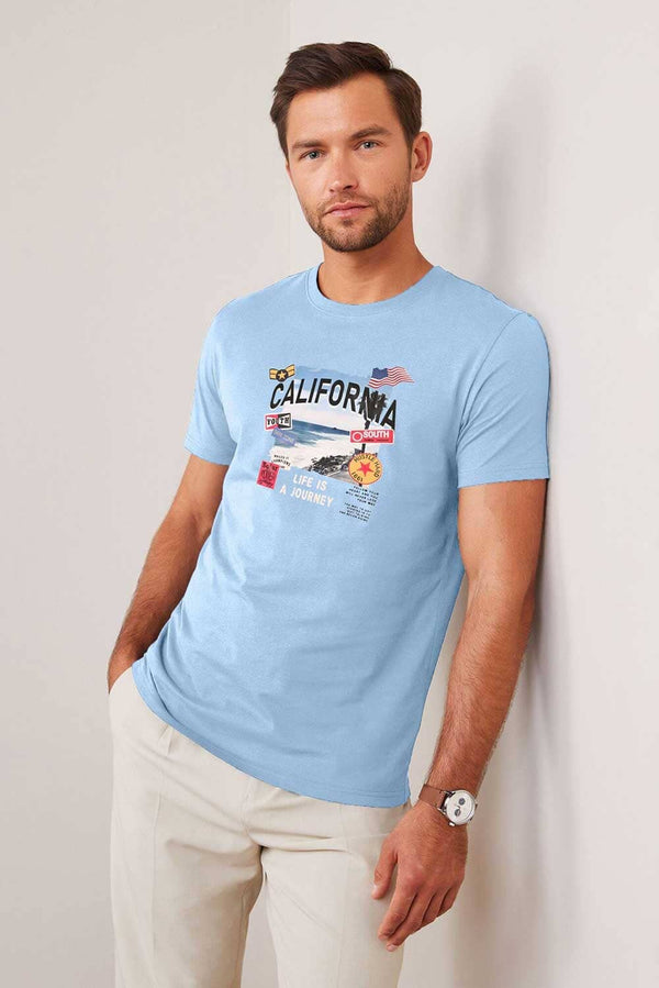 elo Polo Republica Men's California Printed Crew Neck Tee Shirt Light Sky