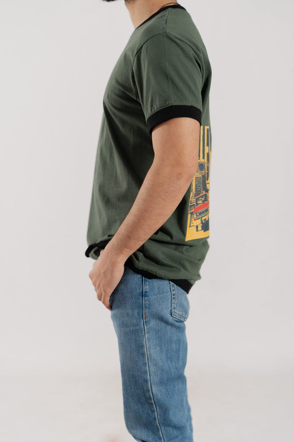 Elo Polo Republica Men's Car Printed Crew Neck Tee Shirt Dark Green