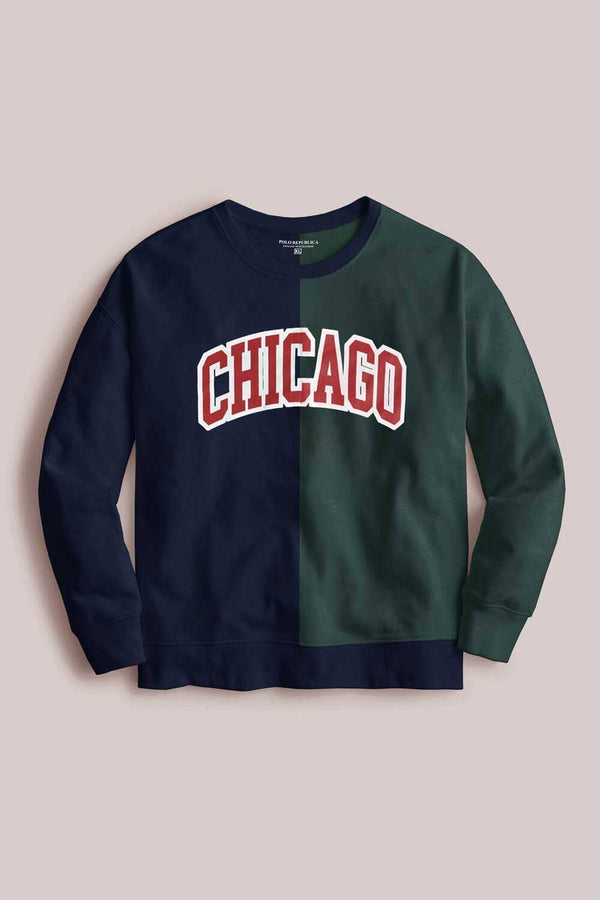 elo Polo Republica Men's Chicago Printed Panel Design Terry Sweat Shirt Navy & Bottle Green