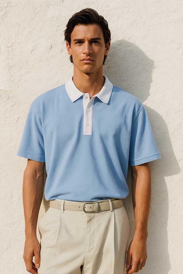 elo Polo Republica Men's Contrast Collar Oversized Polo Shirt Sky