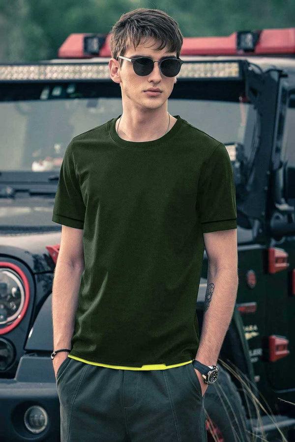 elo Polo Republica Men's Contrast Hem Crew Neck Tee Shirt Dark Green