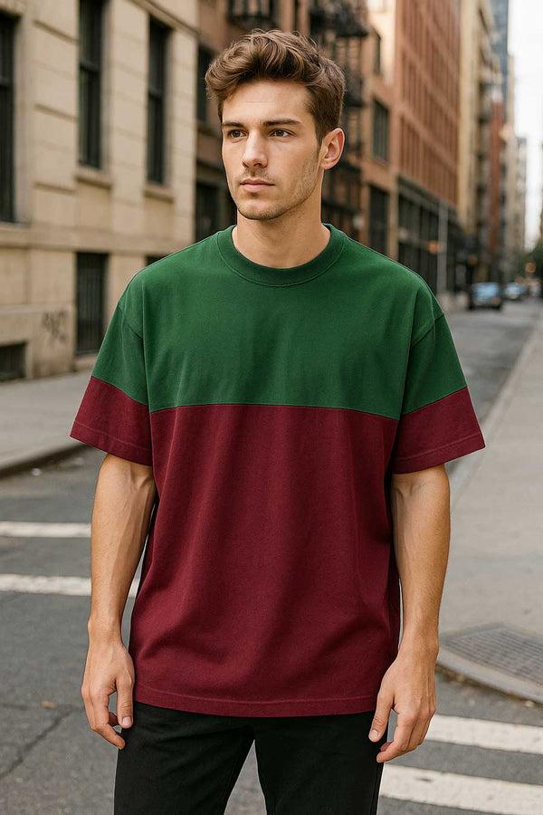 elo Polo Republica Men's Contrast Oversized Tee Shirt Maroon & Bottle Green