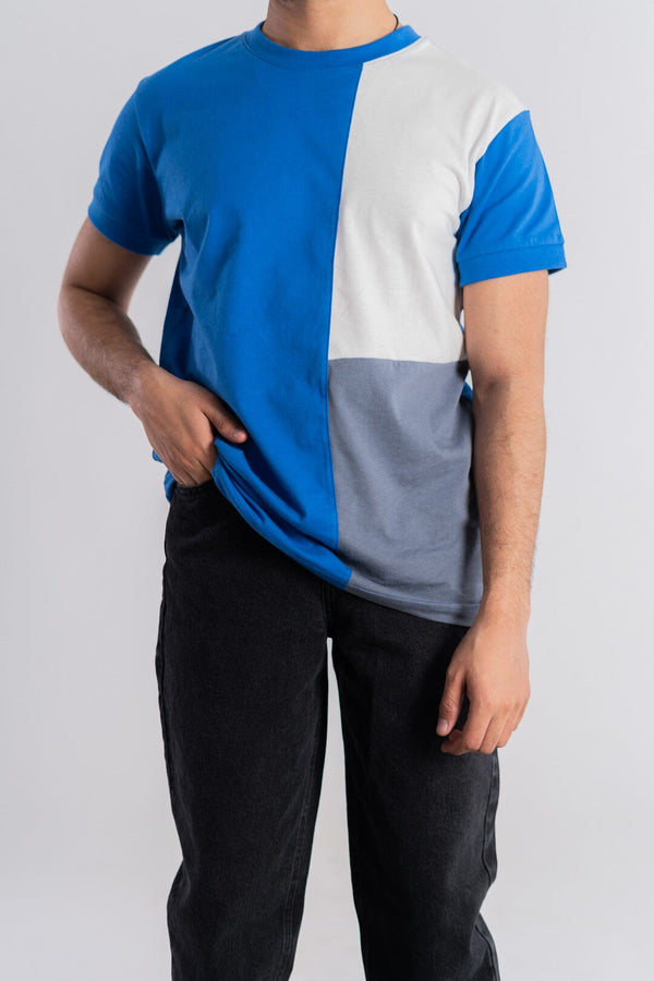 elo Polo Republica Men's Contrast Panel Crew Neck Tee Shirt Blue & White