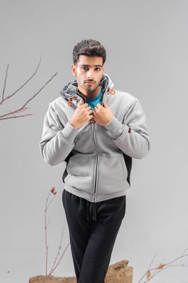 Elo Polo Republica Men's Contrast Panel Fur Zipper Hoodie Stealth Grey & Black