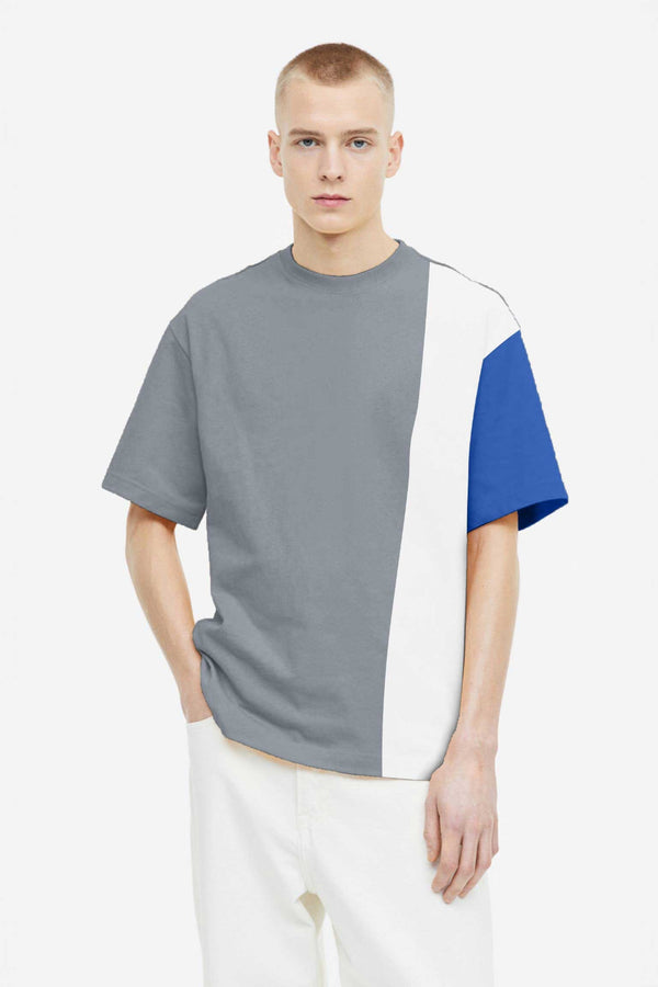 elo Polo Republica Men's Contrast Panel Oversized Crew Neck Tee Shirt Stone Grey & White