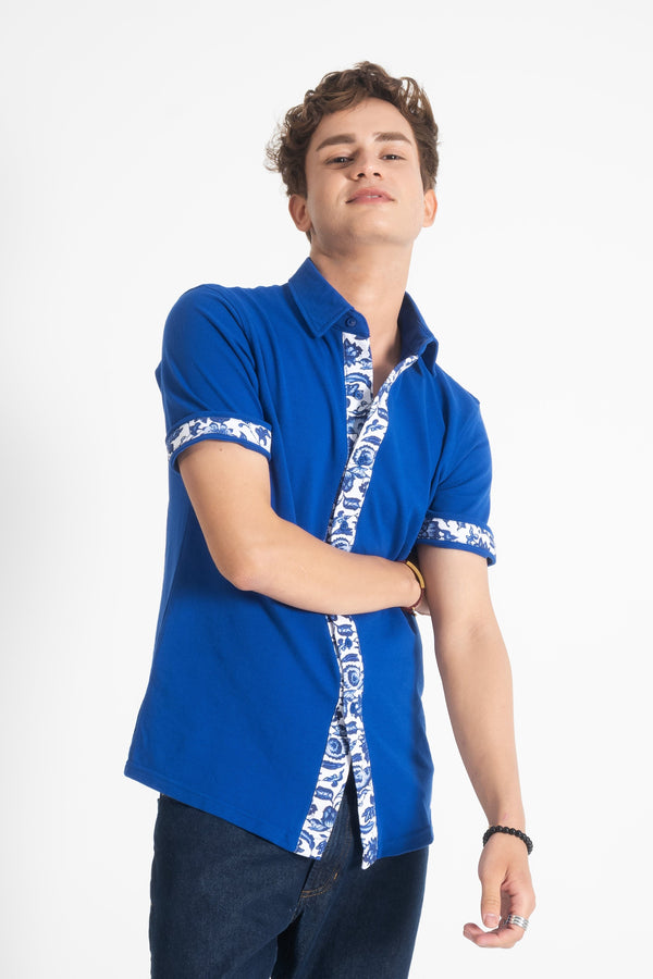 elo Polo Republica Men's Contrast Panel Short Sleeve Casual Shirt Royal