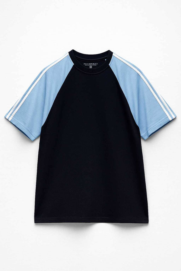 Elo Polo Republica Men's Contrast Striped Raglan Sleeve Tee Shirt Navy & Sky