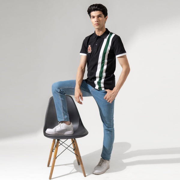 Elo Polo Republica Men's Crest Embroidered Contrast Stripe Panel Polo Shirt Navy & Skin