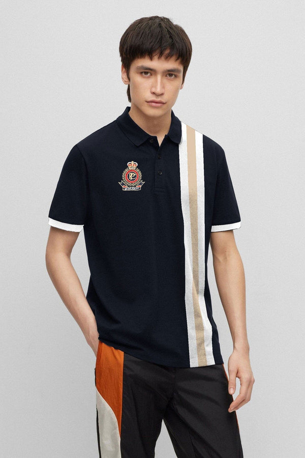 elo Polo Republica Men's Crest Embroidered Contrast Stripe Panel Polo Shirt Navy & Skin