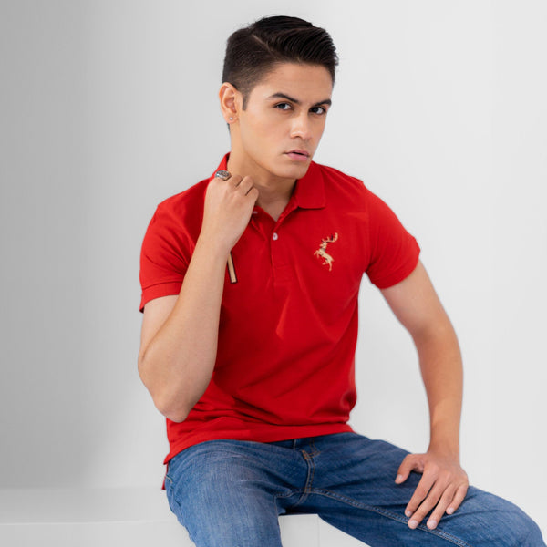 Elo Polo Republica Men's Deer & 1 Embroidered Short Sleeve Polo Shirt Red