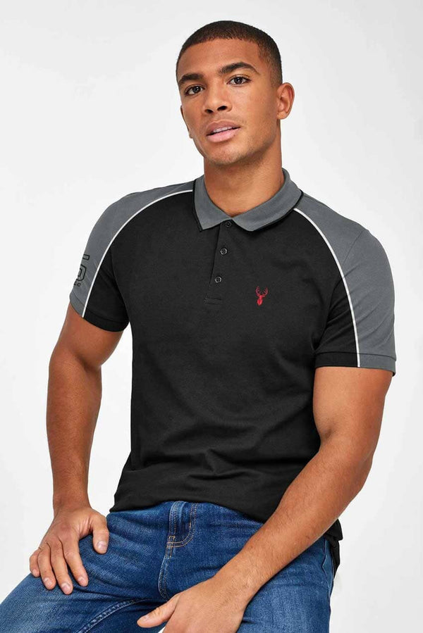 Elo Polo Republica Men's Deer & 5 Embroidered Contrast Panels Polo Shirt Black & Slate Grey