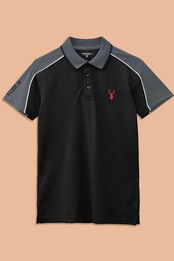 elo Polo Republica Men's Deer & 5 Embroidered Contrast Panels Polo Shirt Black & Slate Grey