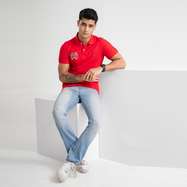 Elo Polo Republica Men's Deer & Double Flag Embroidered Short Sleeve Polo Shirt Red