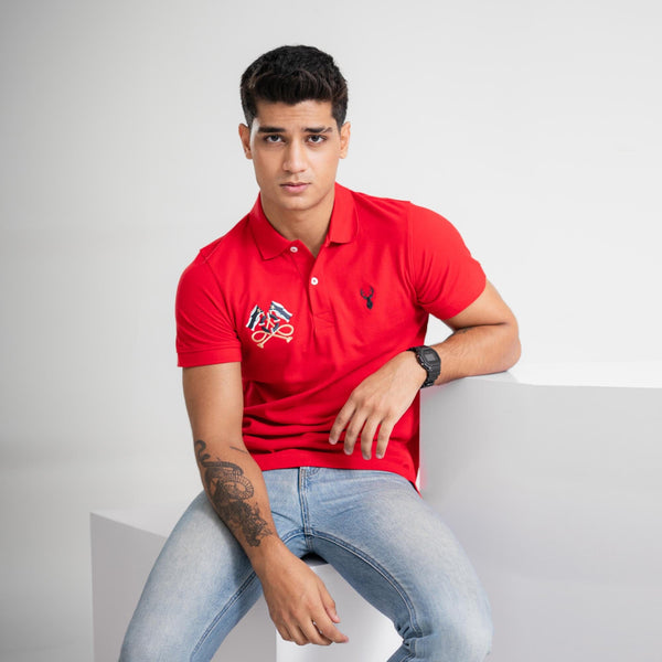 Elo Polo Republica Men's Deer & Double Flag Embroidered Short Sleeve Polo Shirt Red