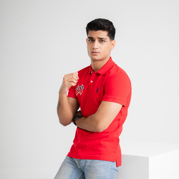 Elo Polo Republica Men's Deer & Double Flag Embroidered Short Sleeve Polo Shirt Red