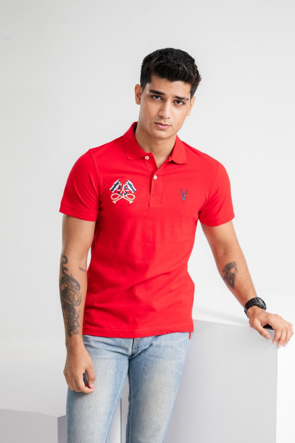 elo Polo Republica Men's Deer & Double Flag Embroidered Short Sleeve Polo Shirt Red