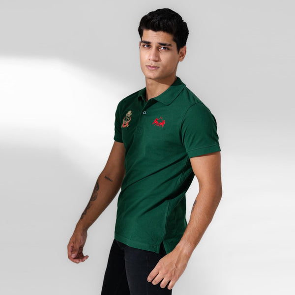 Elo Polo Republica Men's Double Horse & 3 Emblem Embroidered Short Sleeve Polo Shirt Bottle Green