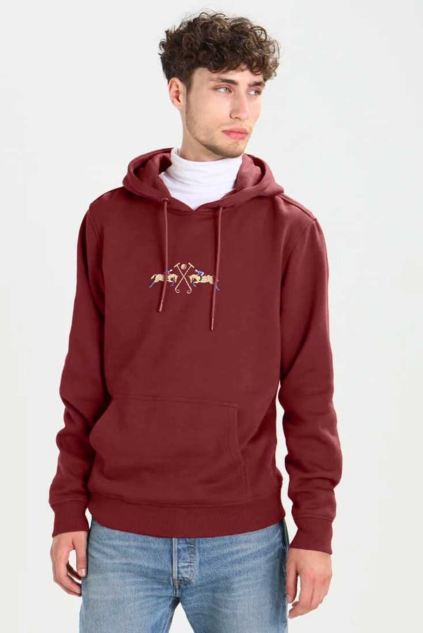 Elo Polo Republica Men's Double Horse Embroidered Fleece Pullover Hoodie Camel