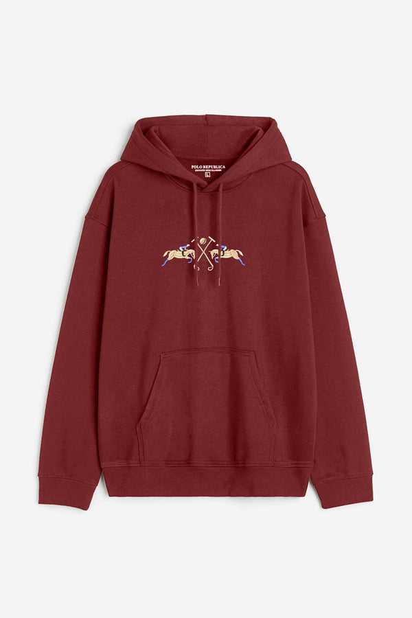 Elo Polo Republica Men's Double Horse Embroidered Fleece Pullover Hoodie Camel