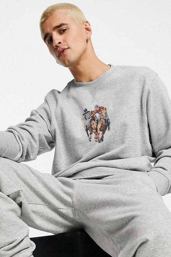 elo Polo Republica Men's Double Horse Printed Fleece Sweat Shirt Heather Grey