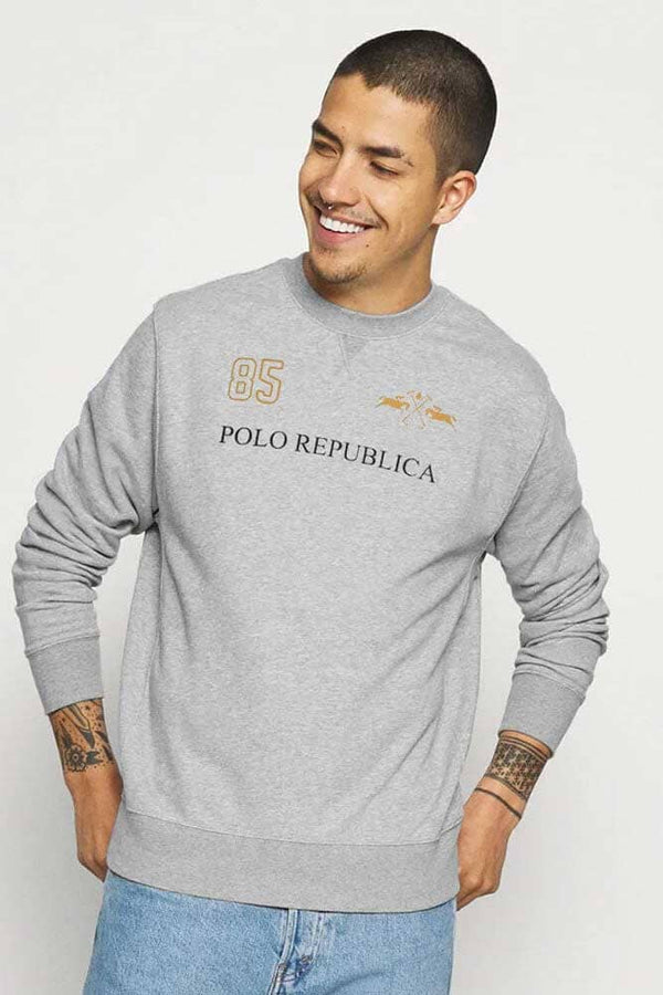 elo Polo Republica Men's Double Pony 85 Printed Fleece Sweat Shirt Heather Grey