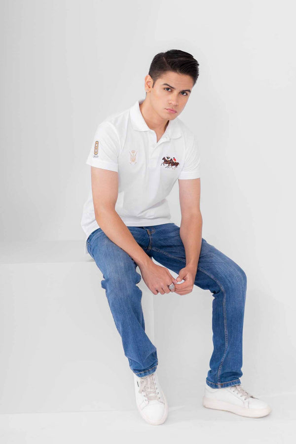 Elo Polo Republica Men's Double Pony Crest & 8 Embroidered Short Sleeve Polo Shirt White