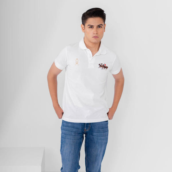 elo Polo Republica Men's Double Pony Crest & 8 Embroidered Short Sleeve Polo Shirt White