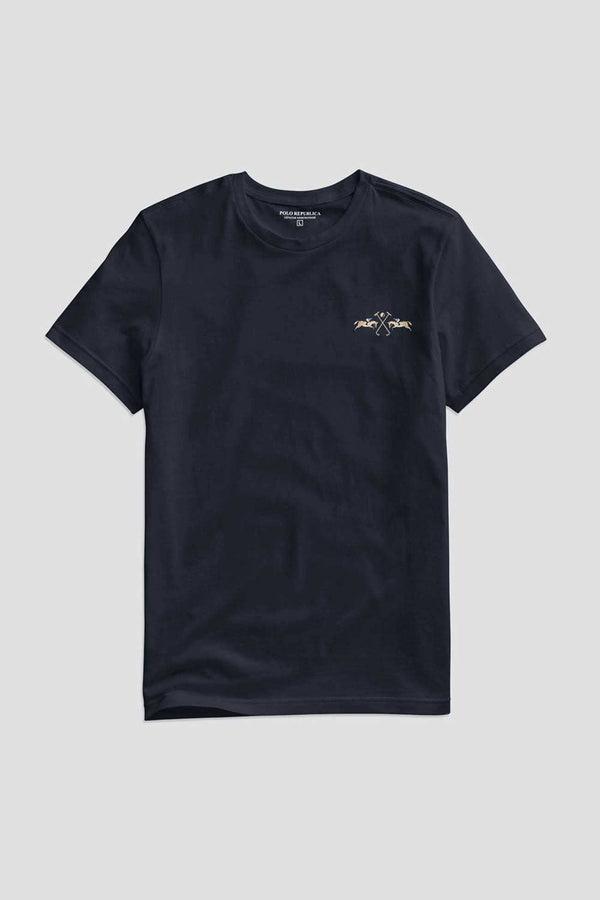 elo Polo Republica Men's Double Pony Embroidered Crew Neck Tee Shirt Navy