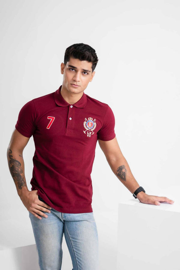 elo Polo Republica Men's Emblem & 7 Embroidered Short Sleeve Polo Shirt Maroon
