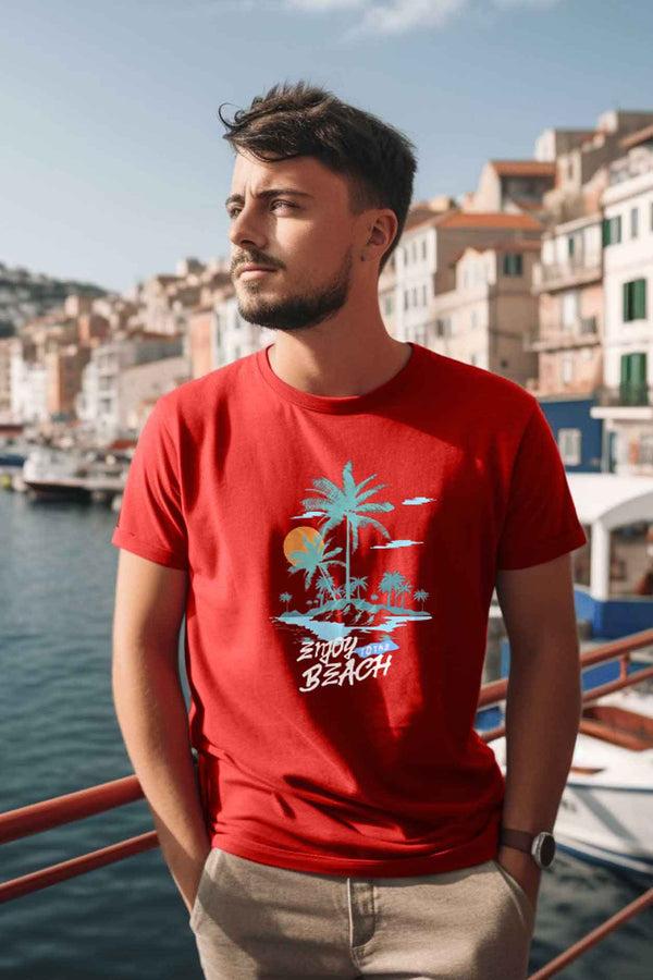 Elo Polo Republica Men's Enjoy Beach Printed Crew Neck Tee Shirt Red