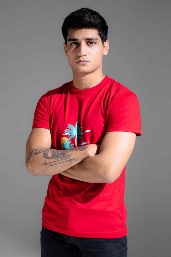 Elo Polo Republica Men's Enjoy Beach Printed Crew Neck Tee Shirt Red