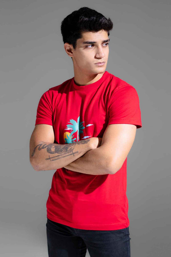 Elo Polo Republica Men's Enjoy Beach Printed Crew Neck Tee Shirt Red
