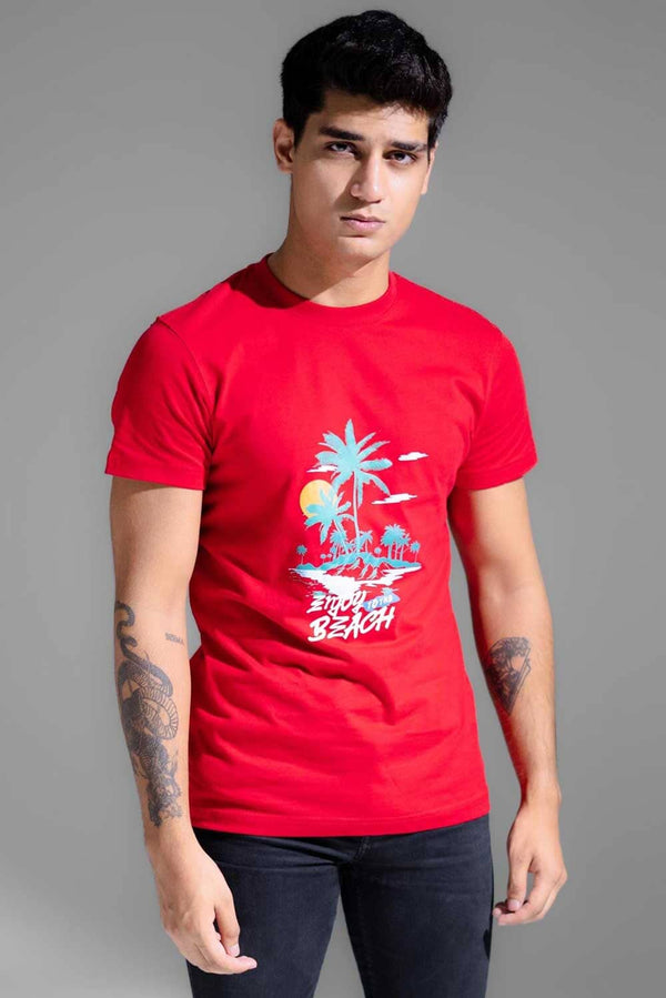 elo Polo Republica Men's Enjoy Beach Printed Crew Neck Tee Shirt Red