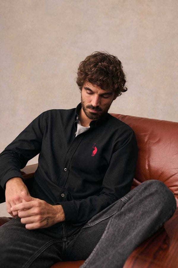 Elo Polo Republica Men's Essentials Pony Embroidered Button-Down Casual Shirt Black