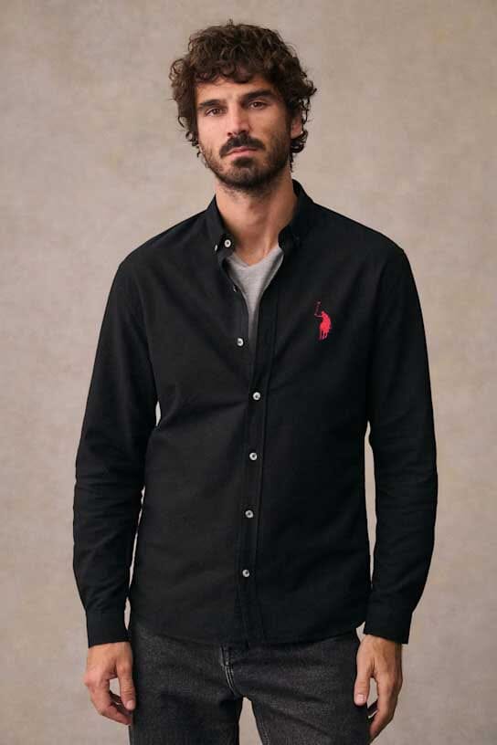elo Polo Republica Men's Essentials Pony Embroidered Button-Down Casual Shirt Black