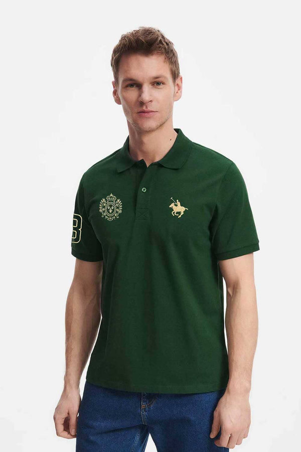 elo Polo Republica Men's Horse Emblem & 8 Embroidered Short Sleeve Polo Shirt Bottle Green